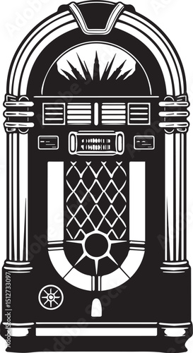 Vintage Jukebox Graphic: A classic black and white illustration of a vintage jukebox, evocative of a bygone era of music and entertainment.