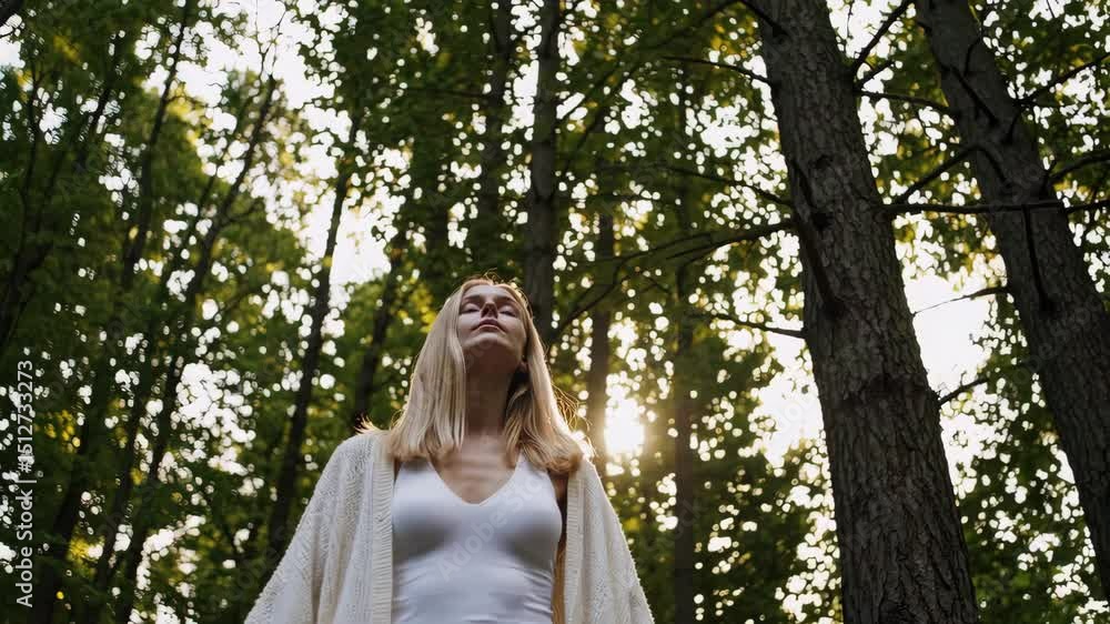 Young woman embraces nature under sunlight in lush forest canopy setting tranquility and connection concept Young woman embraces nature under sunlight in lush forest canopy setting tranquility and connection concept