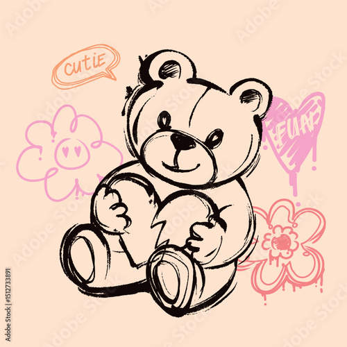 Cute teddy bear illustration in sketch style on beige background with heart, flowers. Romantic post card. Cute cartoon print of toy bear. graffiti teddy bear illustration in street art style