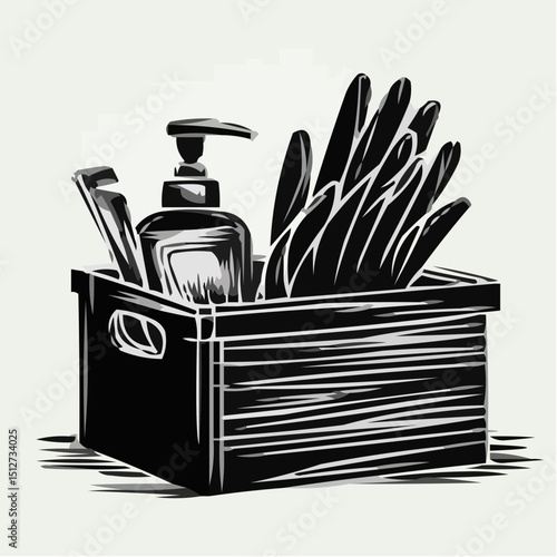 Beauty salon supplies in a wooden basket on a light background  