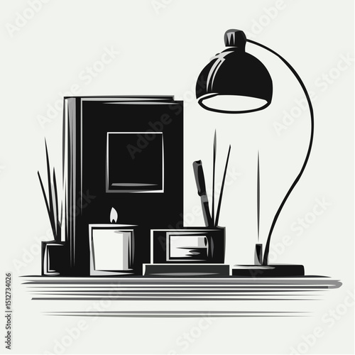 Stylish desk with a lamp, plants, book, and candle on a surface  
