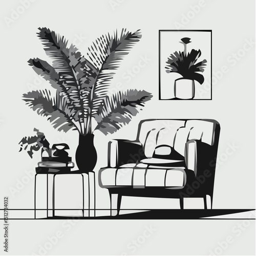 Modern living room with armchair and potted plants in neutral tones  