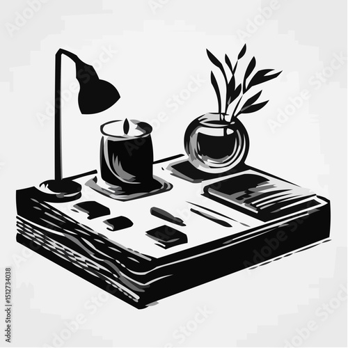 Desk workspace with lamp, candle, and plant in minimalist style  