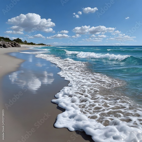 Sunny beach scene with gentle waves reflecting clouds