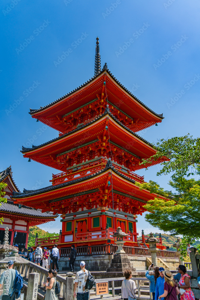 Naklejka premium Three storied (Sanju-no-to ) Pagoda of Kiyomizu-dera in Kyoto, Japan