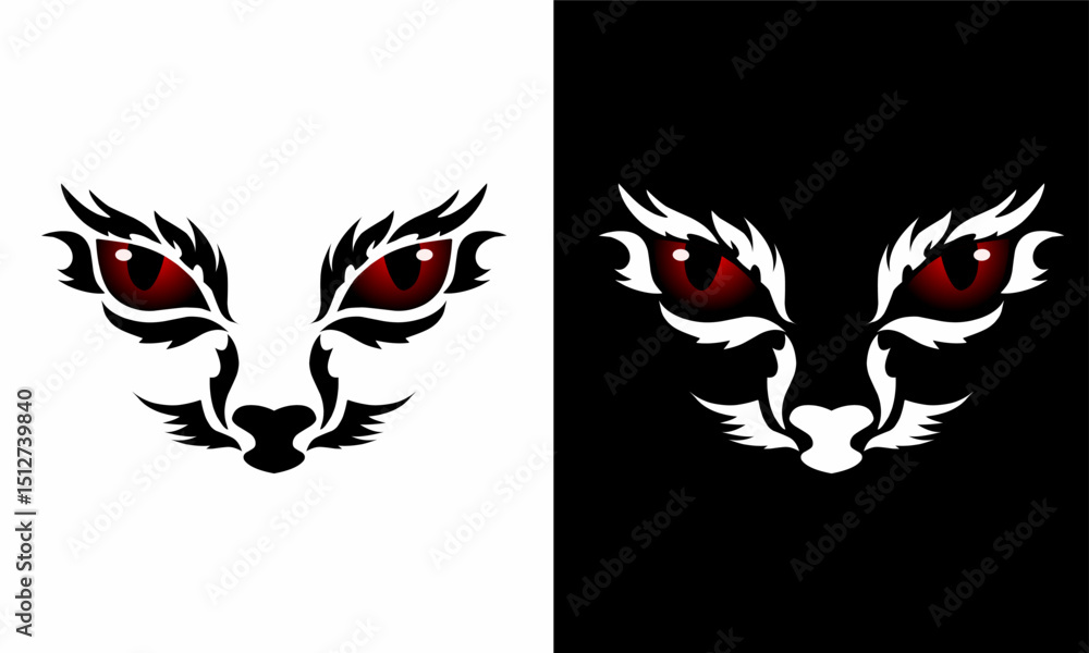 Fototapeta premium Fierce Tribal Cat Face Design with Red Eyes in Black and White Contrast