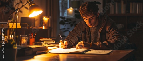 Lifestyle portrait daily life home nighttime study session desk lamp glow focused student open notebook handwritten notes authentic dedication storytelling soft shadows depth clarity tranquil