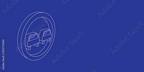 The outline of a large no overtaking sign made of white lines on the left. 3D view of the object in perspective. Vector illustration on indigo background