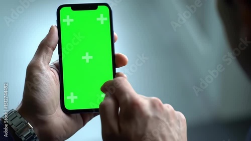 Man using smartphone with green screen for chroma key compositing and mobile app mockup template on a modern device