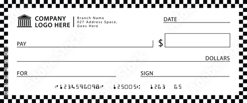 Blank Check Black White: Centered check with black/white checkered border. Features standard fields Payee, Amount, Date, Dollars, Memo. Minimalist, functional design on plain background.