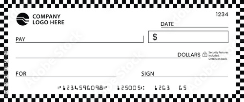 Blank Check Black White: Centered check with black/white checkered border. Features standard fields Payee, Amount, Date, Dollars, Memo. Minimalist, functional design on plain background.	