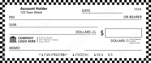 Blank Check Black White: Centered check with black/white checkered border. Features standard fields Payee, Amount, Date, Dollars, Memo. Minimalist, functional design on plain background.
