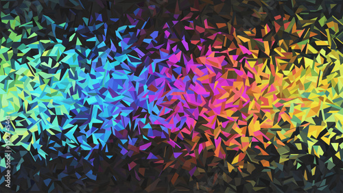 Colorful geometric pattern with triangular shapes and polygons in glowing neon colors for futuristic creative concepts. Vibrant digital artwork with random triangle shapes or sharp fragments. Vector