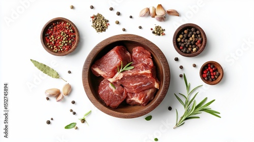 Wallpaper Mural Raw beef cubes in a wooden bowl surrounded by various spices, herbs, and garlic cloves on a white background, viewed from above Torontodigital.ca