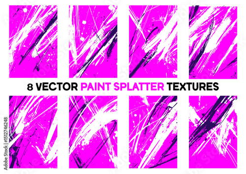 Collection of 8 vector paint splatter and brush stroke textures. Dynamic black and white abstract grunge elements, perfect for backgrounds, overlays, and edgy graphic designs.