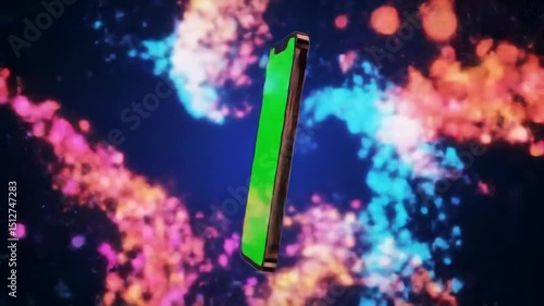 Smartphone with green screen floating against a colorful bokeh background for easy replacement and customization