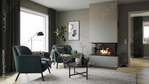 A modern living room interior with a fireplace, comfortable furniture, and stylish decor creates a cozy and elegant home environment