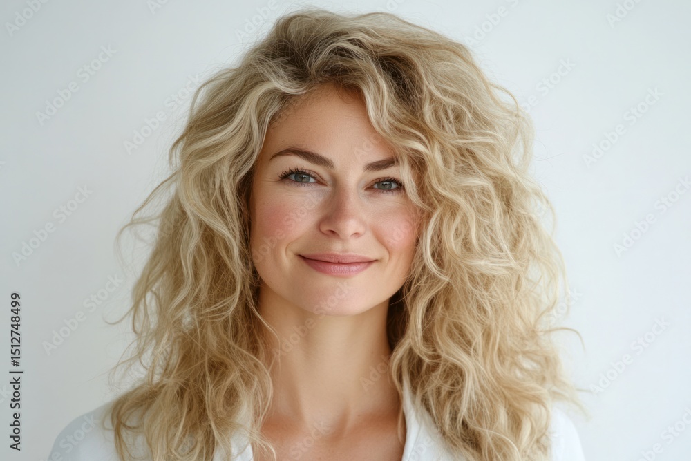 Naklejka premium Blonde woman with voluminous curly hair smiling gently, her hair radiating softness and texture, with a warm expression on her face.