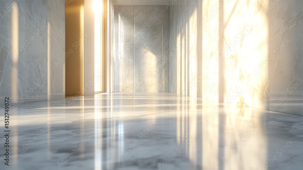 Sun glare highlights the texture of polished marble tiles in a minimalist hallway, generative ai Sun glare highlights the texture of polished marble tiles in a minimalist hallway, generative ai