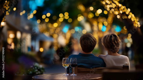 Fototapeta Naklejka Na Ścianę i Meble -  Background blur of trees and fairy lights as a couple shares a quiet moment over wine Working for the benefit of people using copy space