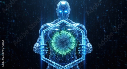 Cybernetic Being Holds Futuristic Hexagonal Bio-Structure Digital Art