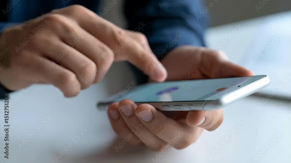 Close-up of person using a silver mobile smartphone with finger touching the screen in office setting Close-up of person using a silver mobile smartphone with finger touching the screen in office setting