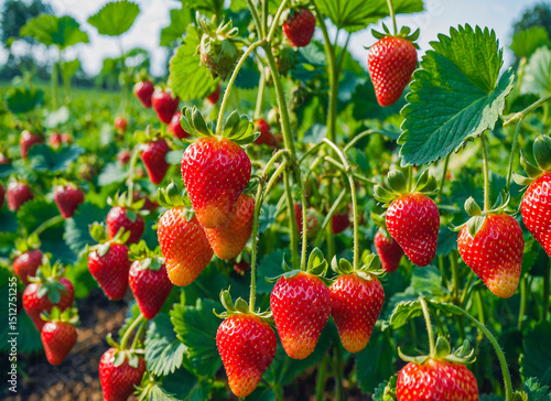 Sun-Kissed Strawberry Clusters Juicy Red Berries Ripening Brightly On Green Vines
