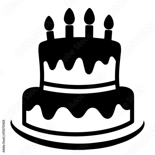 A two-layered birthday cake with four candles, illustrated in a simple black silhouette.