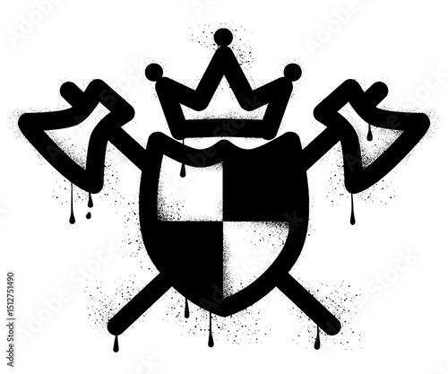 Heraldic shield with crown and crossed axes with black spray paint graffiti