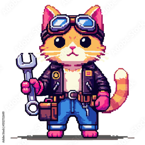 A pixelated mechanic cat with glasses and a wrench on a white insulated background. Vector graphics. EPS.