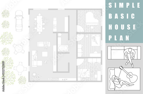 Simple house floor plan and furniture parts top view vector illustration useful for architectural design
