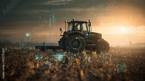 modern agriculture technology smart farming tractor in field at sunrise digital data overlay sustainable innovation documentary photography style