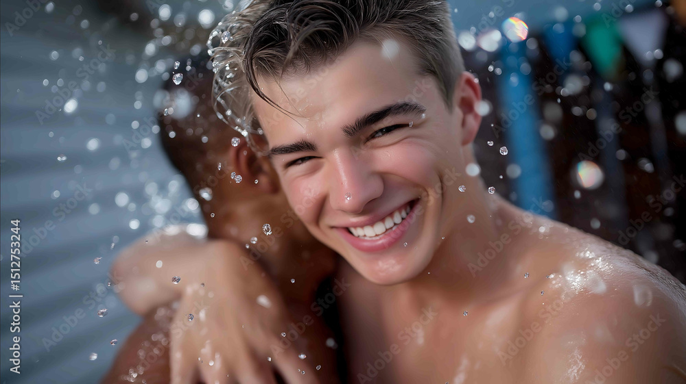 Fototapeta premium A candid moment as one friend surprises another with a splash from behind Working for the benefit of people using the copy space