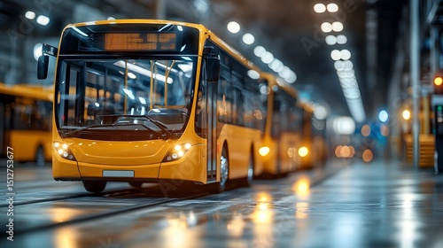 A fleet of electric buses charging in a well lit modern depot facility with reflections visible on the wet floor