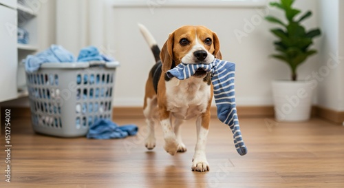 A beagle with a striped sock in its mouth walks on wooden flooring, surrounded by a laundry basket and a green plant, illuminated by soft natural light.