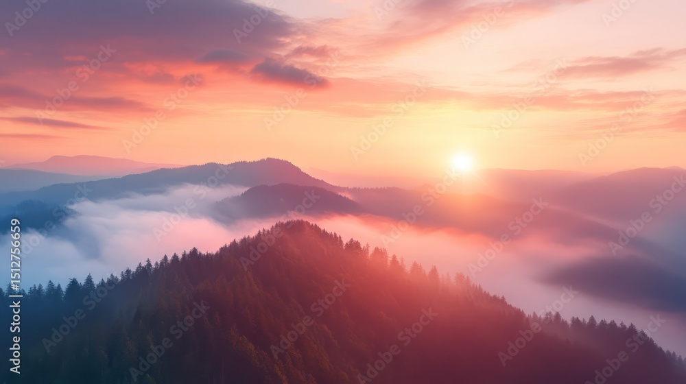 Fototapeta premium Dawn's Gentle Embrace: Serene Mountain Landscape Bathed in Sunrise Hues