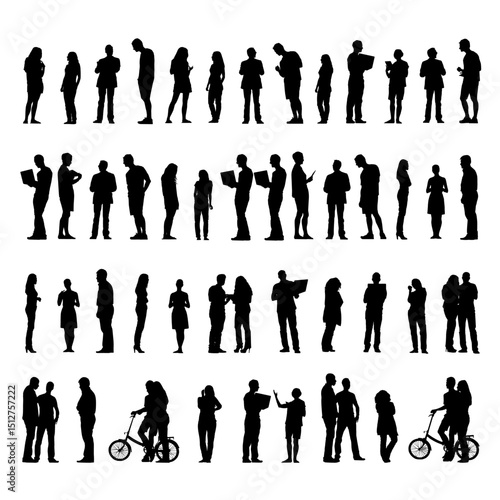 Vector collection of diverse business people silhouettes, including men, women, and families walking and posing as a team or group outline