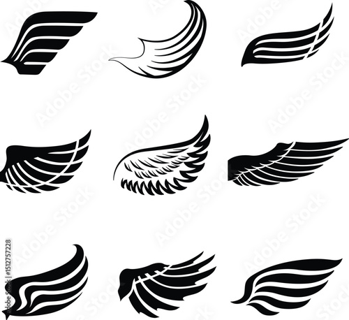 Vector bird wings design set with silhouette eagle and angel symbols