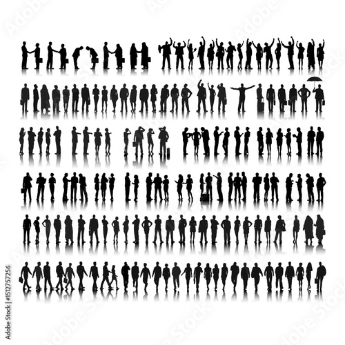 Silhouette vectors of diverse people and business teams in various poses, walking, and fashion illustrations