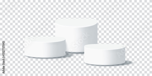 Luxury white podium for antiaging serum bottles. 3D cosmetic display for premium skincare branding. Vector illustration set on transparent background