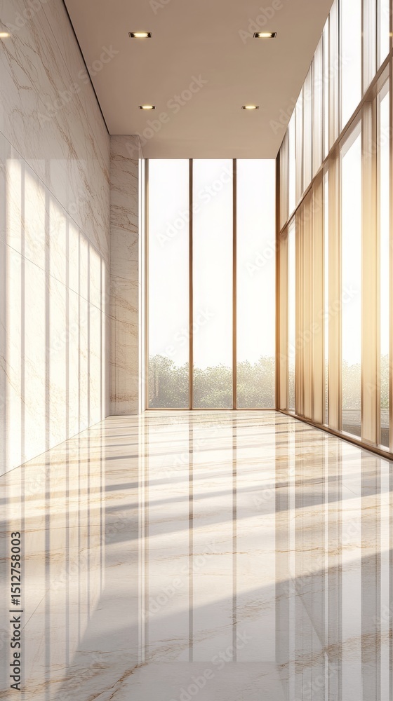 Obraz premium Sunlight filters through tall windows onto a shiny marble floor in a minimalist hallway, generative ai