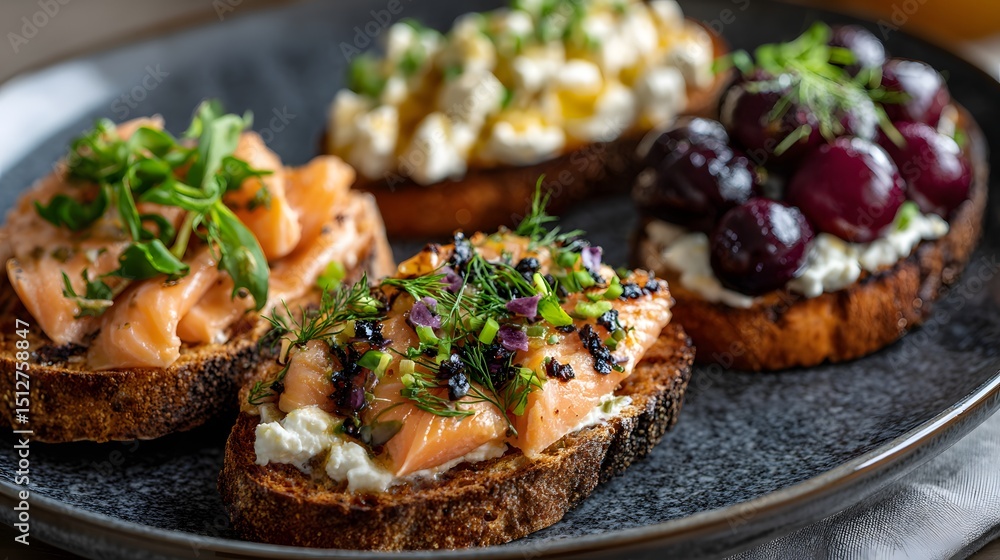 Gourmet toast selection: Smoked salmon, fresh cheese, herbs, and cherry toppings on artisanal bread. A delightful culinary experience. Gourmet toast selection: Smoked salmon, fresh cheese, herbs, and cherry toppings on artisanal bread. A delightful culinary experience.