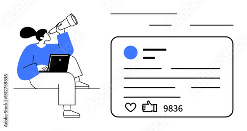 Woman with laptop observing through a telescope next to a social media post showing thumbs ups and comments. Ideal for social media strategy, analytics, content planning, audience growth, insights