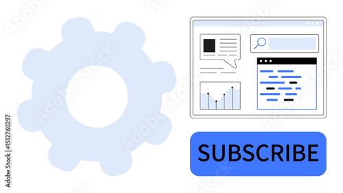 Browser window with graphs, analytics, and text boxes alongside a subscribe button and gear icon. Ideal for marketing, website design, user interface, analytics, SEO, engagement and simple landing