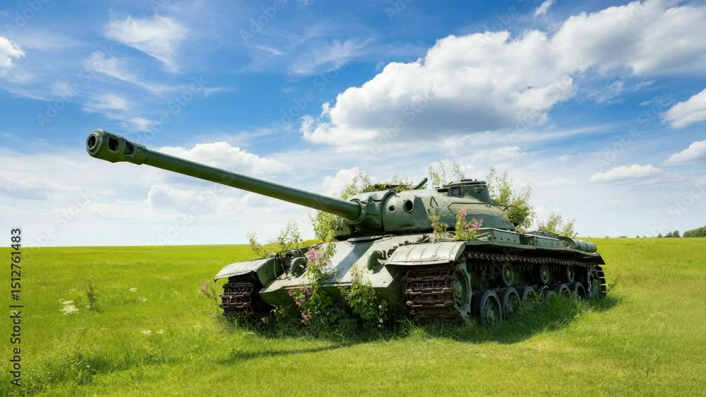 Old military tank standing in grassy field, partially covered with plants Old military tank standing in grassy field, partially covered with plants