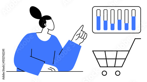 Woman pointing at data chart with vertical bars, next to a shopping cart. Ideal for analytics, e-commerce strategy, marketing, consumer behavior, financial planning, retail trends, simple landing