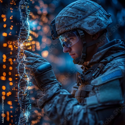 A soldier in camouflage uniform using a digital scanner to verify their identity and authorization for a mission at a military base with tactical equipment and futuristic lighting in the background