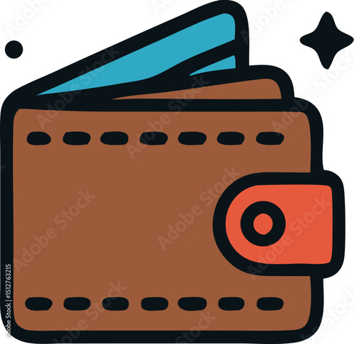 Brown leather icon wallet filled with cash. Ideal for icon finance, business, budgeting, or personal finance concepts in digital and print media.