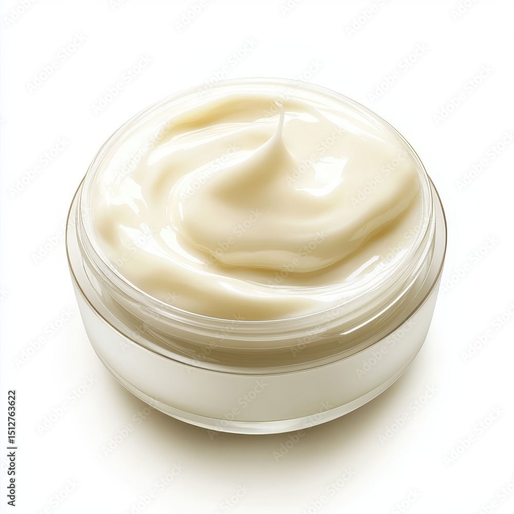 Creamy off-white moisturizer in a clear glass jar, swirled texture, isolated on white background Creamy off-white moisturizer in a clear glass jar, swirled texture, isolated on white background