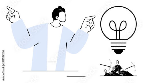 Person gesturing towards light bulb symbolizing a new idea amid discarded failed attempts in the background. Ideal for creativity, problem-solving, innovation, brainstorming, motivation, learning